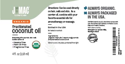 J MAC BOTANICALS Organic Fractionated Coconut Oil (4 oz Glass Bottle) Organic Carrier Oil and moisturizer
