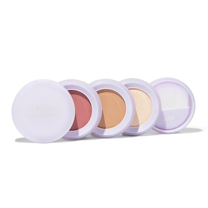 Subtl Beauty 3-in-1 travel makeup kit by subtl staks | powder blush, bronzer, and highlighter | includes mirror lid and mini brush | for fair-light skin tones