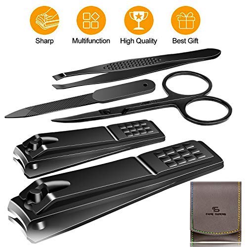 Manicure Pedicure Kit Nail Clippers Set Fingernails & Toenails Vibrissac Scissor 5 Pieces Best Care Tools for Man & Women with Travel Case (Gray/Black_A) (Gray/Black_A)