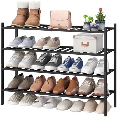 viewcare Black 4-Tier Long Shoe Rack, Bamboo Wood by VIEWCARE