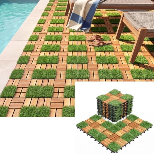 GIANTEX 30 PCS Interlocking Acacia Wood & Artificial Grass Deck Tiles by Giantex