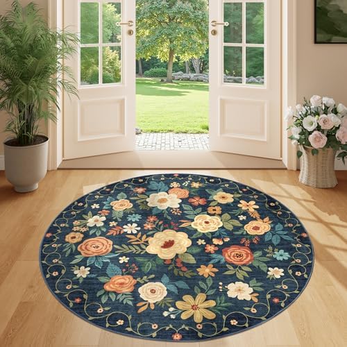 DUKINO 4ft Round Rug, Floral Washable Small Round Area Rug - Image 5