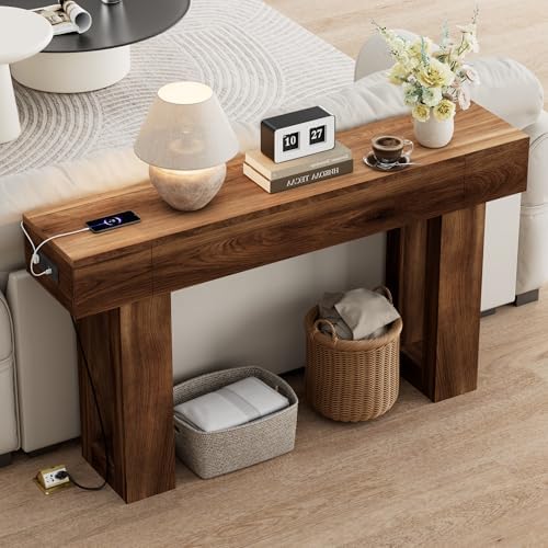 63 Inch Long Console Table w/Outlets & USB Ports, Narrow Rectangular Sofa Table - Image 4