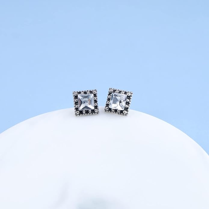 Boho Tiny Crystal Square Earrings Silver Cz Square Earrings Cz Rhinestone Square Stud Earrings Silver Geometric Earrings Jewelry for Women and Girls