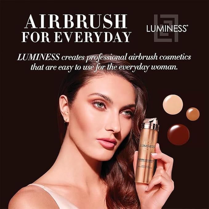 LUMINESS Silk Airbrush Spray Foundation & Buffing Brush Kit – Full Coverage Foundation & Dual-Sided Buffing Brush - Buildable Coverage, Anti-Aging Formula Hydrates & Moisturizes (Shade - Rich)