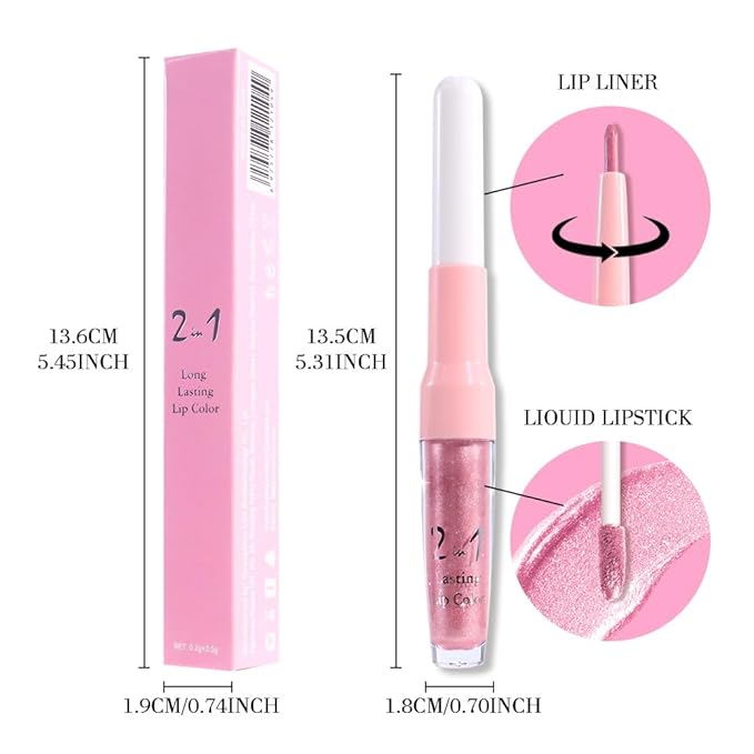 evpct Warm Pink Metallic Glitter Lip Liner and Lipstick Combo Set Long Lasting Waterproof, Metallic Shimmer Lip Gloss Stain Makeup for Women, Warm Pink Frosted Iridescent Glossy Liquid Lipstick 19