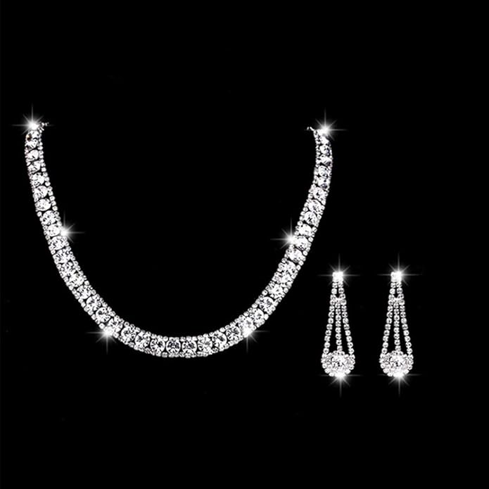 Yean Bride Silver Necklace Earrings Set Rhinestone Bridal Wedding Jewelry Sets Crystal Choker Necklace for Women (Set 3)