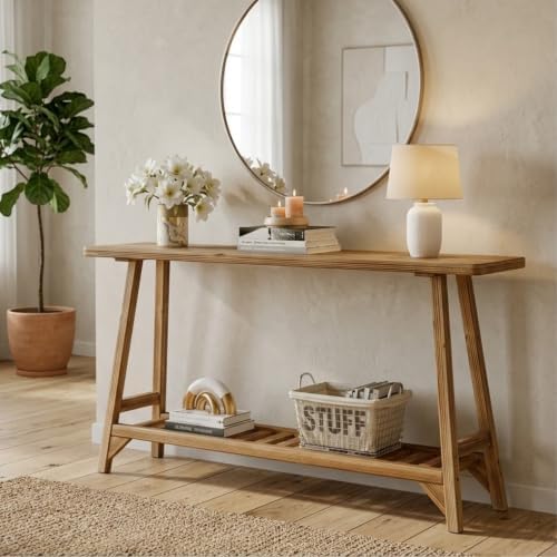 54" Solid Wood Console Table, 2-Tier Farmhouse Entryway Tables Behind Couch by HOME