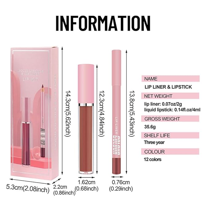 Matte Lip Liner Lip Gloss Set, Long Lasting Waterproof Lip Gloss Set, Long-Lasting And Hydrating Beauty Daily Cosmetics Gift for Girls,High Pigment Not Easy to Lip Stains, Bright Pink