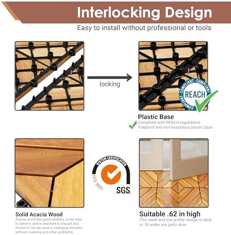 PrimeZone 162 PCS Solid Acacia Wood Interlocking Patio Deck Tiles Outdoor - Image 4