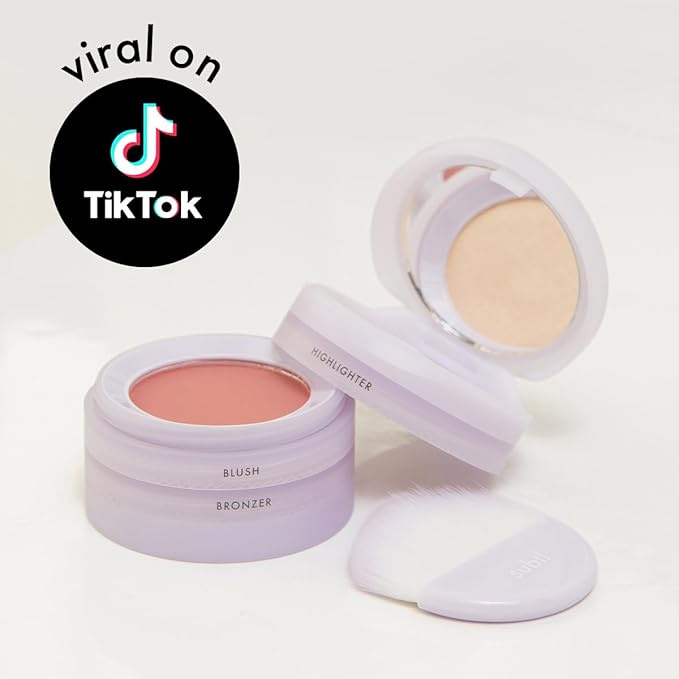 Subtl Beauty 3-in-1 travel makeup kit by subtl staks | powder blush, bronzer, and highlighter | includes mirror lid and mini brush | for dark-deep skin tones