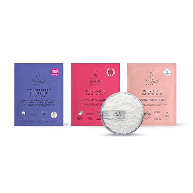 GLOWING AWAY Gifting Bundle | SKIN DEFENCE Sheet Mask | Rosy Toes - Foot Mask Instant Pedciure | Rosy Hands - Hand Mask Instant Manicure| Magic Cleanse™ Eco-friendly Cleansing Tool