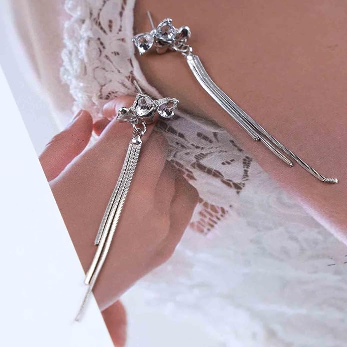 Vintage Crystal Bow Chain Drop Earrings Rhinestone Heart Stud Earrings Silver Long Chain Tassel Earrings Sparkly Cz Bridal Earrings Jewelry for Women