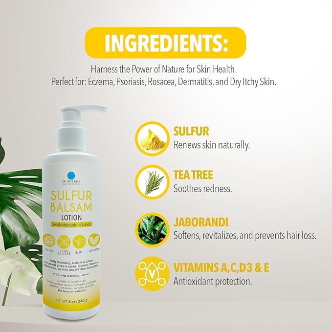 Dr. Robaina Sulfur Balsam Lotion – Lightweight Moisturizer for Dry, Flaky & Itchy Skin – Calms Redness, Supports Skin Barrier & Locks Hydration – Shea Butter & Tea Tree – 8 fl oz, USA Made