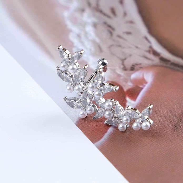 Vintage Crystal Pearl Ear Cuff Earrings Rhinestone Butterfly Cuff Wrap Earrings Cz Butterfly Ear Climber Cuff Earrings Silver Pearl Cz Non Piercing Earring Jewelry for Women(Left)