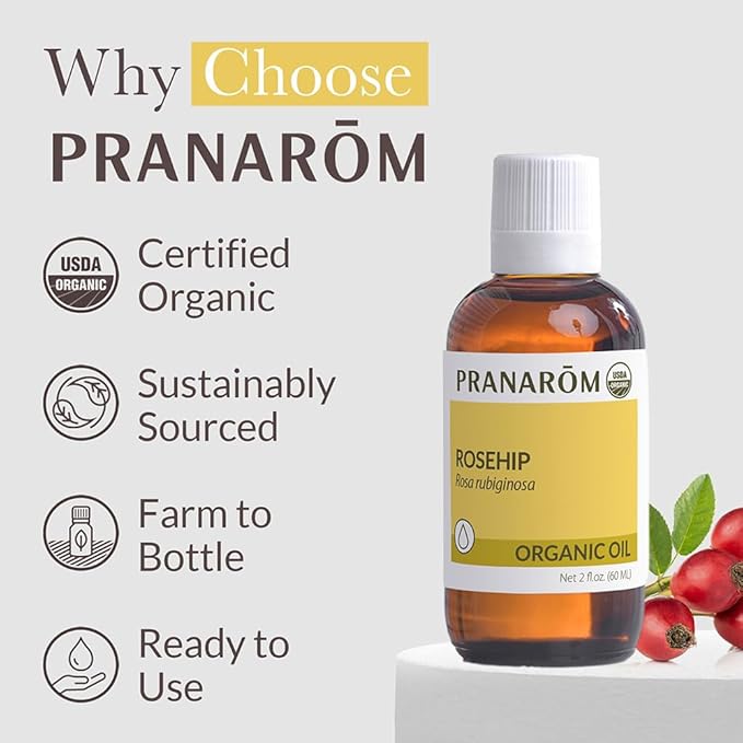 Pranarom - USDA Certified Organic Cold-Pressed Rosehip Virgin Plant Oil - 2 fl oz Glass Bottle - for Anti-Aging, Helps Acne Scar, Massaging, Face, Hair & Skin, Unisex