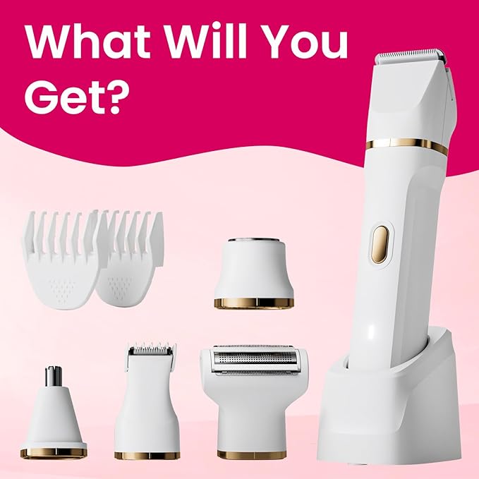 Electric Razors for Women, 5-in-1 Wet/Dry Bikini Trimmer with USB Charge Dock, Deluxe Facial Hair Removal, Wet/Dry Body Shaver for Nose Eyebrows Beard Underarm Leg Arm, IPX7 Waterproof (White)