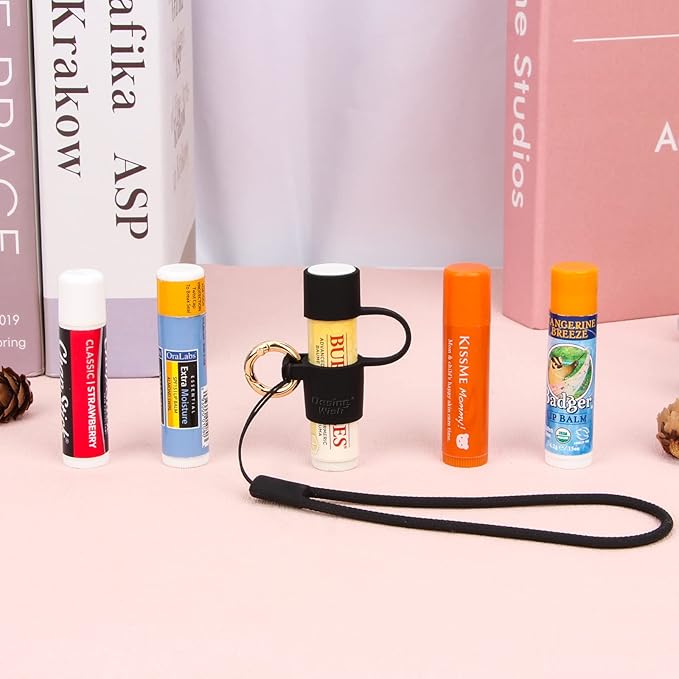Desing Wish Silicone Lip Balm Holder with Cap Cover Portable Chapstick Holder Keychain Sleeve Lip Balm Key Chain with Key Ring and Wrist Strap Lanyard - Black