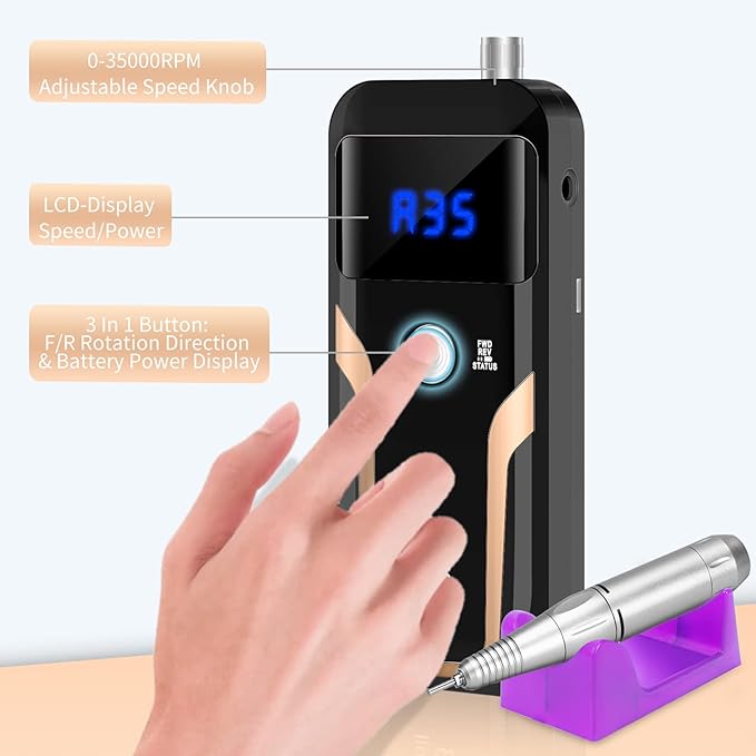 Portable Nail Drill Professional 35000 RPM, MOCOWIND Rechargeable Electric Nail File Machine for Acrylic Nails Gel Polishing Removing, Cordless E-File with Bits Kit for Manicure Salon Home, Black