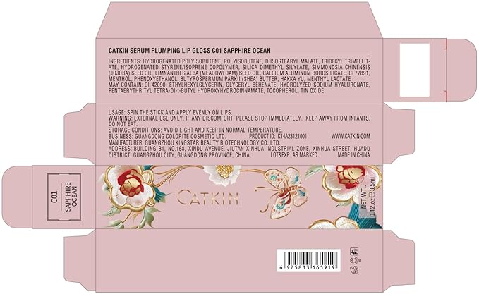 CATKIN Lip Plumper Gloss, Tinted Lip Serum with Hyaluronic Acid & Jojoba Oil, Non-sticky Volumizing Hydrating Formula for a High Shine Maximum 3D Look, Plump & Soft Lips 0.12 Fl Oz -C01 Sapphire Ocean
