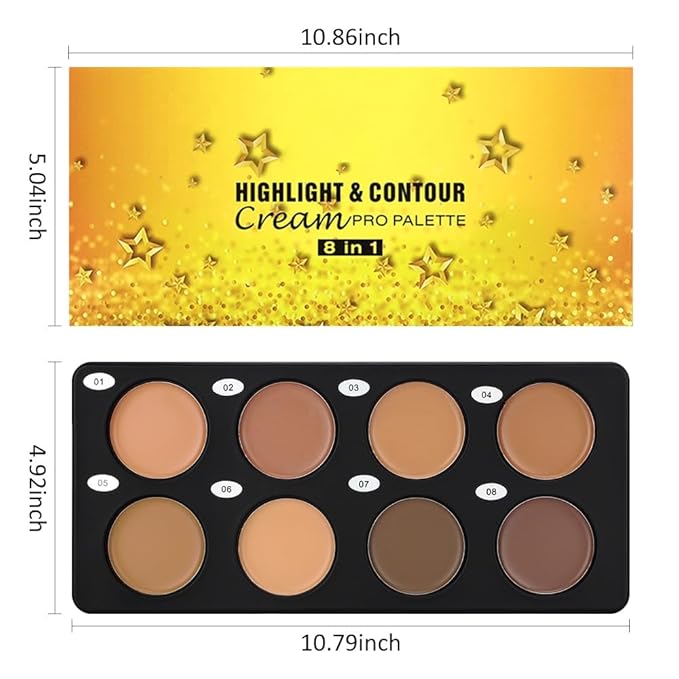 Professional Light to Medium to Dark Color Correcting Cream Contour Concealer Highlight Palette, Full Coverage Makeup Palet for Correct Dark Circles, Red Mark, Scar, etc,Waterproof-8A