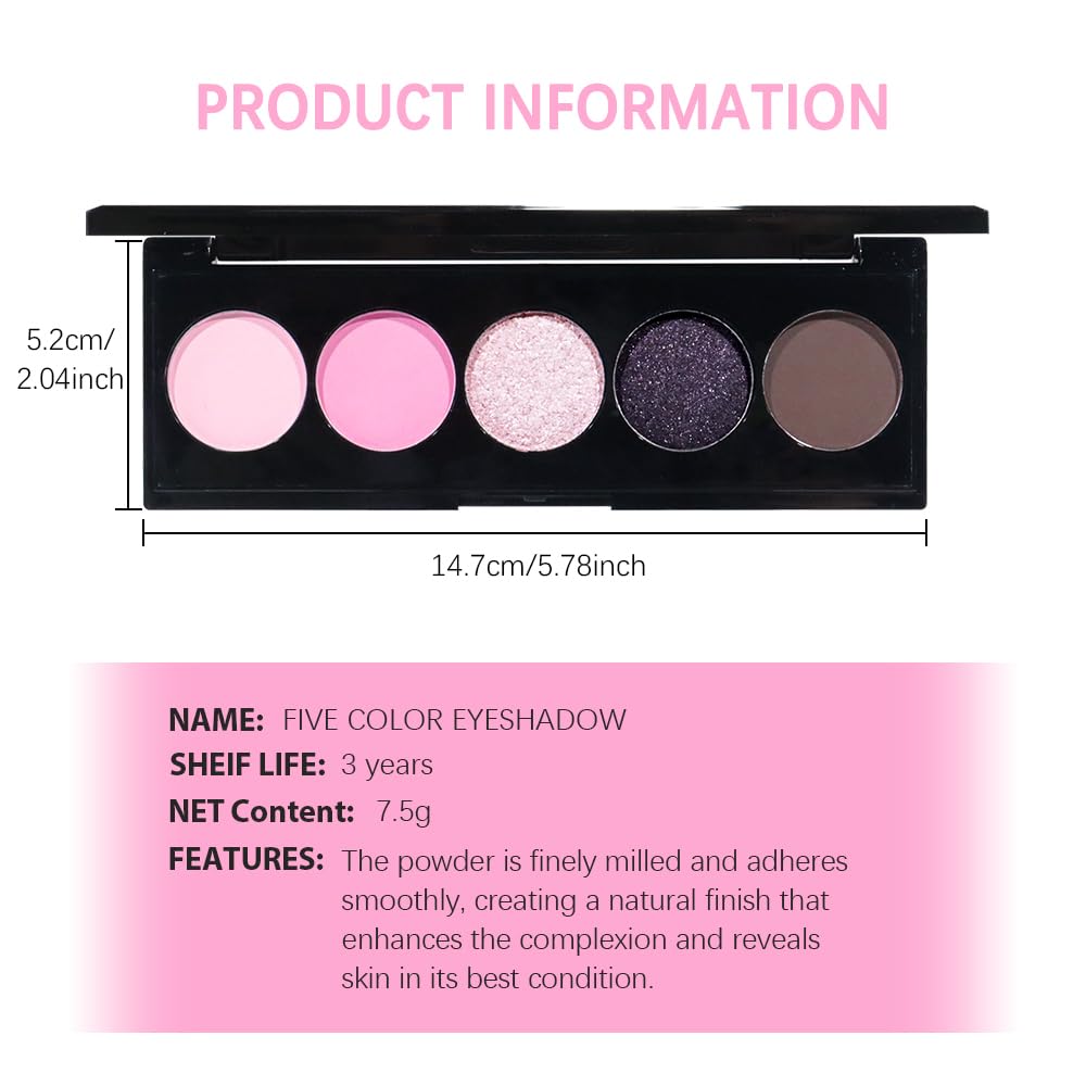 5 Colors Highlight Pink-Purple Eyeshadow Palette with Mirror, Pearl White Silver Brown Nude Rose Gold Glitter Shimmer Palette, Cruelty-Free, Vegan Formula, Matte Eyeshadow for Professional Makeup