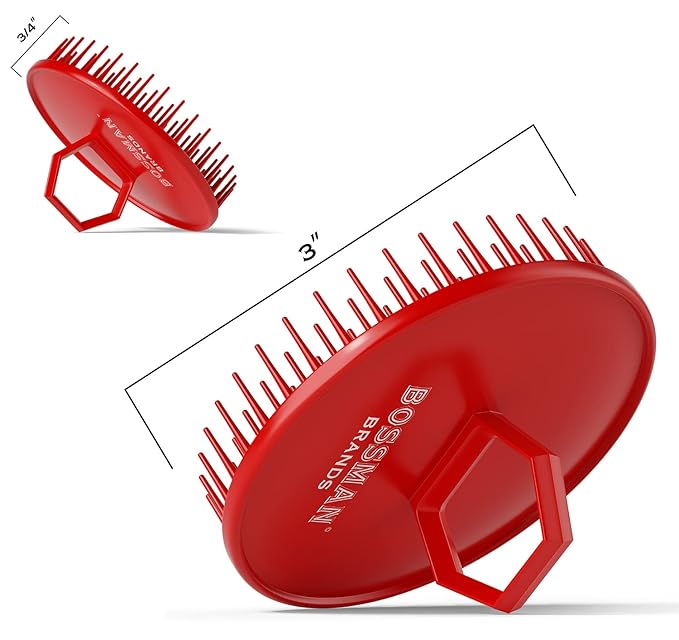 Bossman Scalp Massager & Shampoo Brush (3-inch, Red) – Head Scrubber, Beard Exfoliator & Dandruff Control for Hair & with Firm Bristles