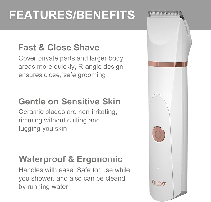 OLOV Electric Body Hair Trimmer - Groin Trimmer for Men - Bikini Trimmer Women - Wet/Dry Shaver Groomer, Replaceable Ceramic Blade Heads, USB Recharge Dock, Waterproof Hygiene Razor, White