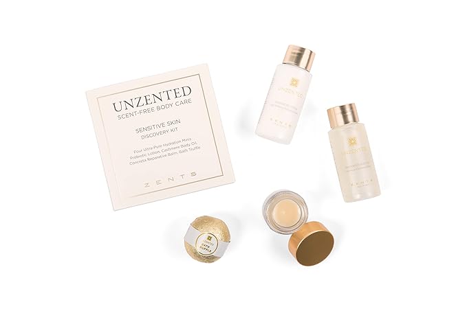 Zents Unscented 4-pc Mini Set, Moisturizing Body Care for Sensitive Skin, Gentle Enough for Eczema & Psoriasis, With Probiotic Lotion, Body Oil, Reparative Balm, and Truffle Bath Bomb