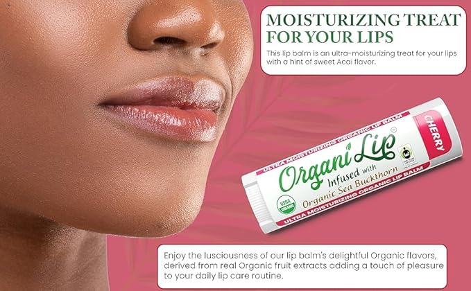 Organic Lip Balm, Cherry Flavor, Ultra Hydrating Lip Moisturizer for Cracked or Dry Lips, Infused With Organic Sea Buckthorn, Oval Shaped Tube, USDA Certified Organic, 30 Pack
