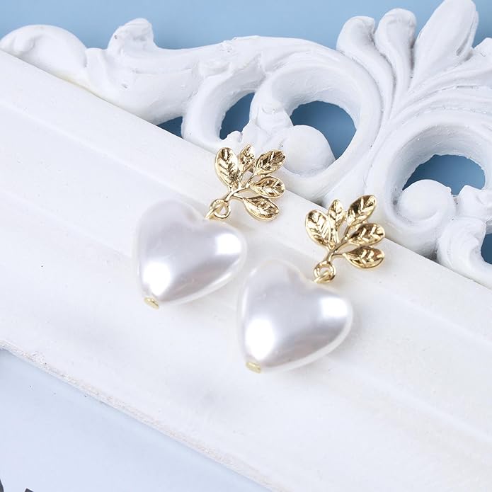 Vintage Pearl Heart Dangle Earrings Heart Pearl Drop Earrings Gold Leaf Stud Earrings Heart Love Earrings Jewelry for Women
