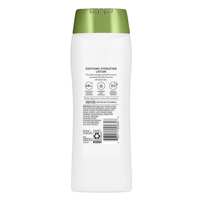 Suave Soothing Hydration Hand & Body Lotion With Aloe Vera Refreshes Dry Skin, Fast Absorbing, Intensive Moisturizing Cream For Women, Non Greasy, Allergen Free, 18 FL OZ, 6 Pack