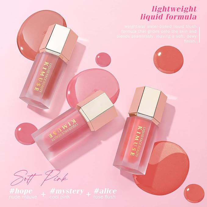 KIMUSE Soft Pink Gel-Cream Blush Trio, Liquid Blush for Cheeks, Weightless, Long-Wearing, Smudge Proof, Natural-Looking, Dewy Finish, Skin Tint Blush Makeup, 0.42 Fl Oz (love pink)