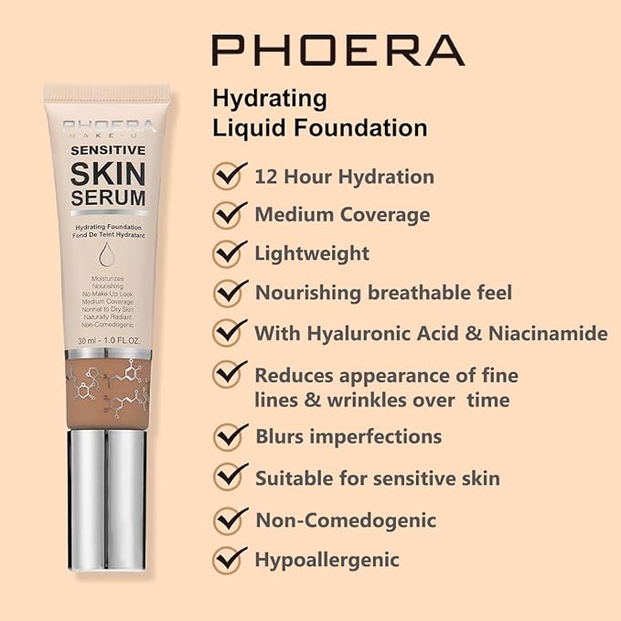PHOERA Hydrating Serum Foundation,Hypoallergenic Flawless Soft Full Coverage Hydrating Foundation.(N03 Buff Beige)