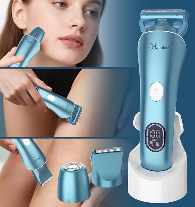 Hatteker Women's Electric Shaver Bikini Trimmer Hair Trimmer for Women Electric Razor for Legs Bikini Underarm Public Hairs Led Display IPX7 Waterproof Gift for Women (Blue)