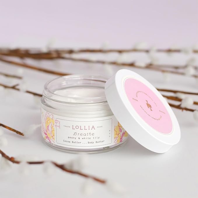 LOLLIA Breathe Body Butter, 5.5 oz. - Peony & White Lily Fragrance - Shea Butter & Cocoa Butter, Body Lotion for Women, Hydrating & Smooth Body Moisturizer