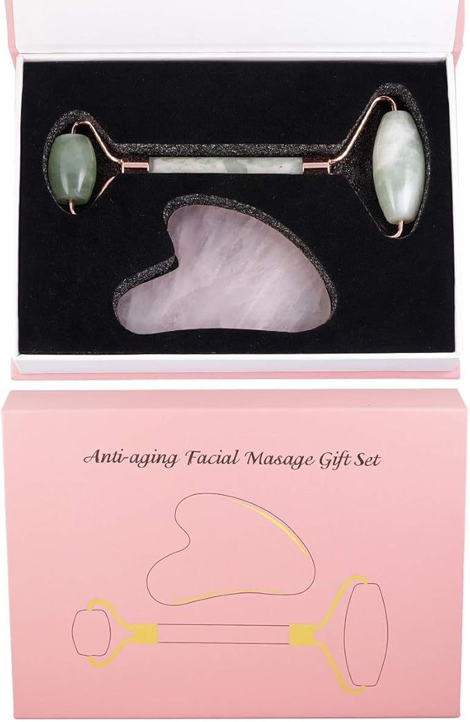 Rockcloud Natural Crystal Jade Roller and Gua Sha Scraping Set Massager Tool for Anti Aging Beauty Neck Body Reduce Wrinkles Facial Massager Therapy Xiuyan Jade and Rose Quartz Crystal Stone