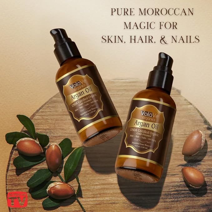 VoilaVe USDA and ECOCERT 100% Pure Organic Moroccan Argan Oil for Skin, Nails & Hair Growth, Anti-Aging Face Moisturizer, Cold Pressed, Hair Moisturizer, Rich in Vitamin E, As Seen On TV - 4 fl oz