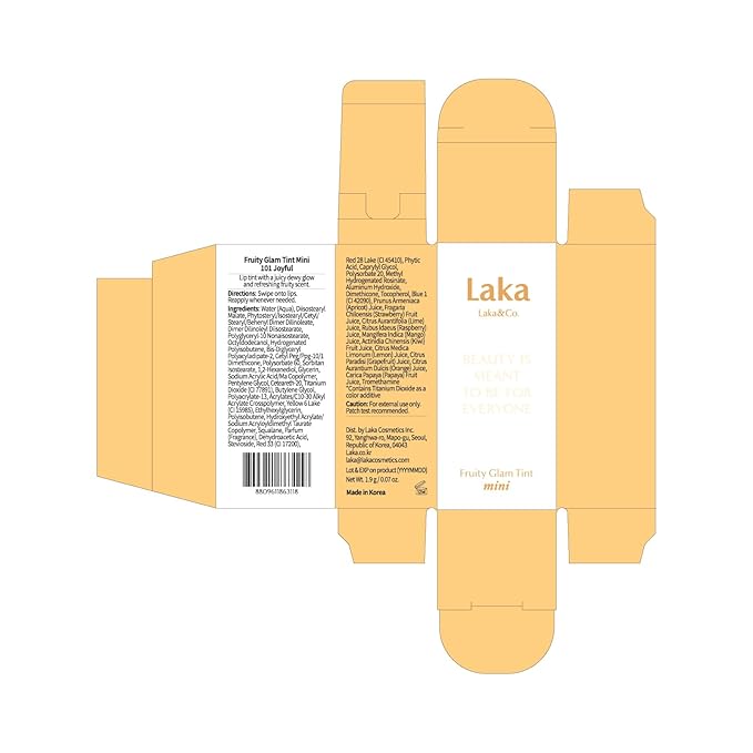 Laka Fruity Glam Lip Tint Mini, Glowing Lip Stain with Wide Color Spectrum, Hydrating & Lightweight Texture, Long-Lasting Bold Stain, Non-Sticky, Vegan, K-Beauty (#101 Joyful)