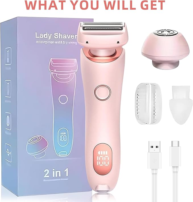 Womens Electric Shaver, 2 in 1 Razor for Women, Wet & Dry Electric Waterproof Razor with LED Display, Cordless Bikini Trimmer for Sensitive Skin, Painless Hair Removal