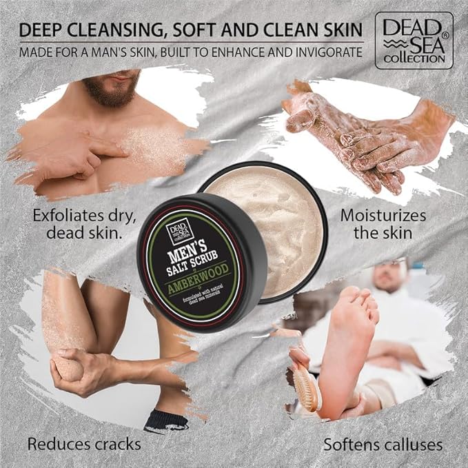 Salt Body Scrub Amberwood For Men – Moisturizes, Exfoliates & Nourishes Skin – Cleanses & Detoxifies with Dead Sea Minerals - Dead Sea Collection – 23.28 OZ