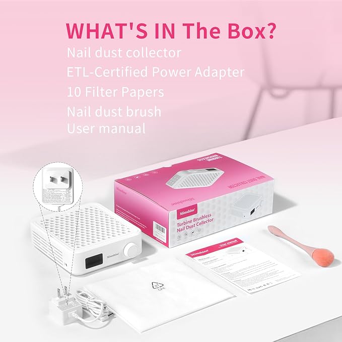 Missshine Nail Dust Collector with Adjustable Suction Power,Mini Vacuum Nail fan Dust Collector With Reusable Filter for Girls