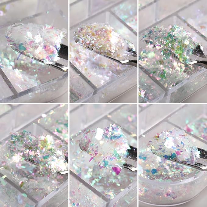 Holographic Iridescent Nail Art Nail Glitter KALEFUL Powder Aurora Foil Sequins Flakes Paillettes Designs Manicure Nail Decorations - 12 Grids