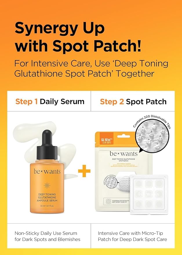 Bewants Deep Toning Glutathione Ampoule Serum | Korean Skincare with Vitamin C & Calendula Extract Oil, 1.01 fl.oz + 0.33 fl.oz (2 Pack)
