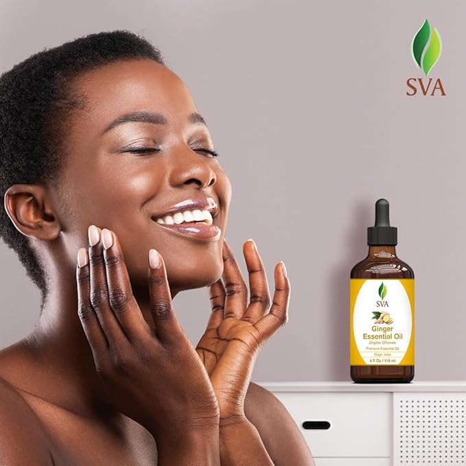 SVA Ginger Essential Oil – 4 Fl Oz – 100% Natural Ginger Oil - for Diffuser, Hair Care, Face, Skin Care, Aromatherapy, Scalp and Body Massage, Soap and Candle Making – with Dropper