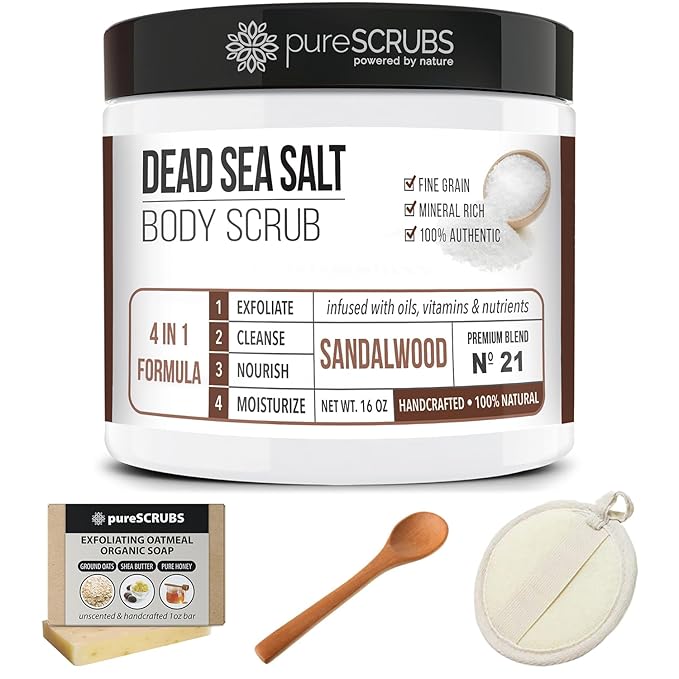 pureSCRUBS Premium Sandalwood Body Scrub Set - Large 16oz Dead Sea Salt Body Scrub With Infused Essential Oils & Nutrients, Includes Wooden Spoon, Loofah & Oatmeal Exfoliating Bar Soap