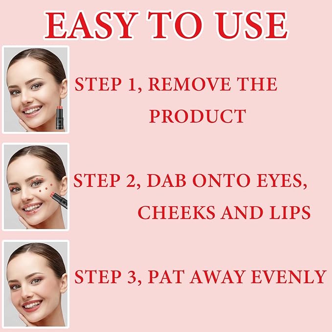 Cream Contour Blush Stick,Long Lasting Waterproof Blush Stick for Cheeks&Lips Multipurpose Face Highlighting Concealing Cream,Shimmer Contour Stick Makeup for WomenďźRose Redďź