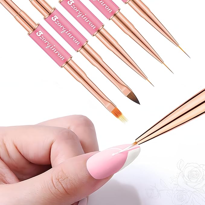 Nail Art Bushes Set, Professional 5Pcs Double-Ended Nail Brush Kit for Details, Long Lines, Ombre & 3D Design-Perfect for DIY Manicures & Salons (Pink)