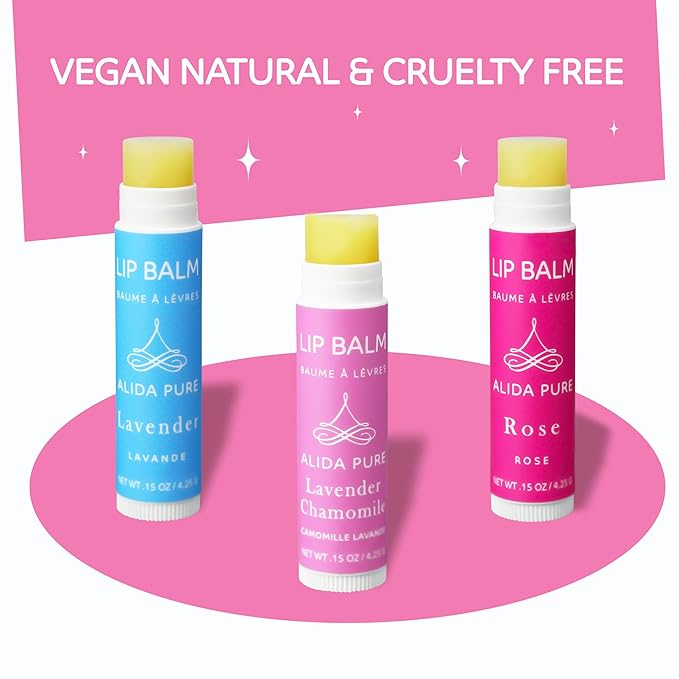 Floral Lip Balm Collection, Vegan Lip Balm Set, Beeswax Free, with Avocado Oil, Organic Jojoba Oil, and Vitamin E, Natural Moisturizer for Dry, Chapped or Cracked Lips, 3 Tube Set