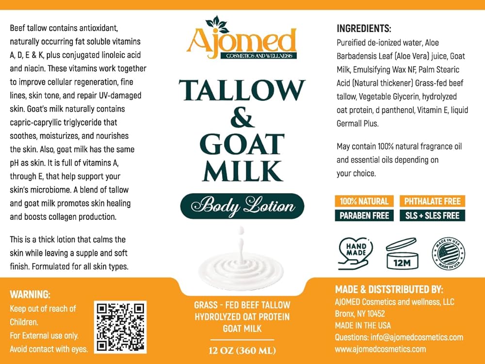 Grass Fed Beef Tallow & Goat Milk Body Lotion for Sensitive Skin, Organic Tallow moisturizer- Soothes Dry Patches, Goat Milk Moisturizer - Handmade Tallow Body Lotion (Oatmeal & Honey, 12 Oz)